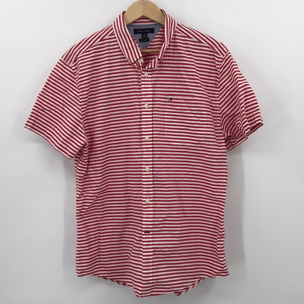 Tommy Hilfiger Short Sleeve Red White Stripe Button Down Shirt Men's XL